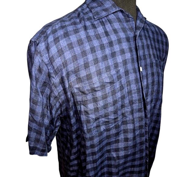 M.G. Gordon XL Blue Black Plaid 100% Linen Short Sleeve Button Casual Shirt - Picture 2 of 8